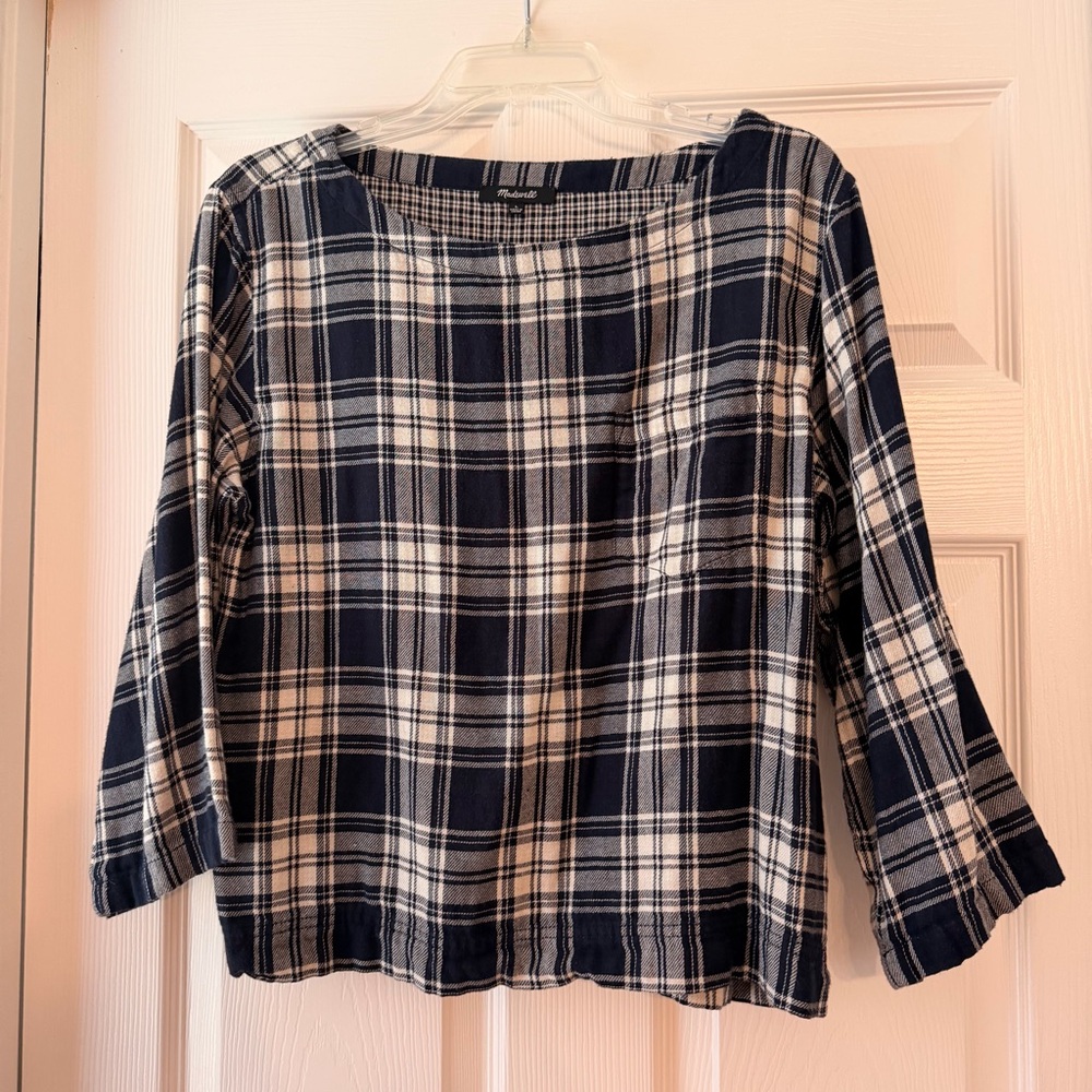 Madewell Navy and White Plaid Long Sleeve Top